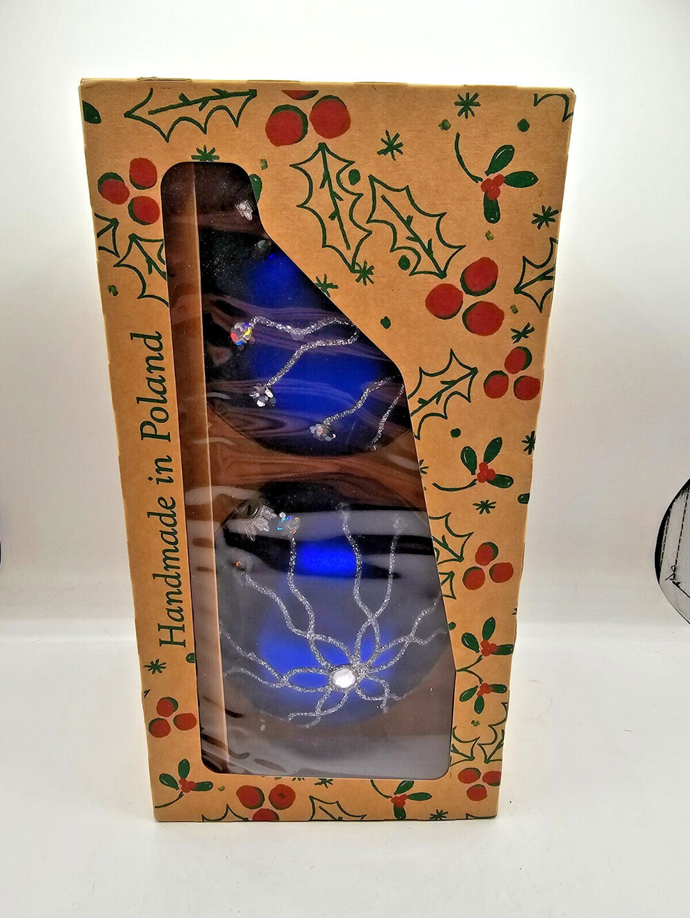 Handcrafted Polish glass Christmas ornaments Large Blue w/ Silver Glitter